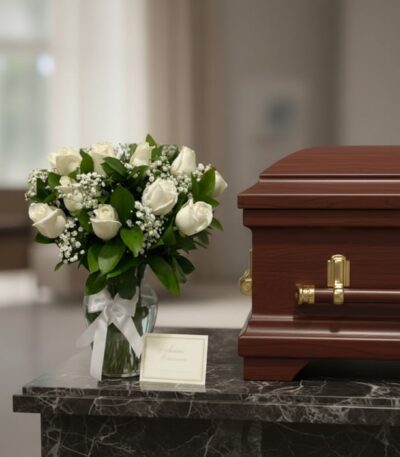 Arreglo floral fúnebre 'Pétalos del Alma' con rosas blancas y follaje, junto a un ataúd de madera en una sala de velación pre