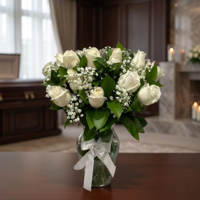 Arreglo fúnebre Pétalos del Alma con rosas blancas y follaje verde en un jarrón de cristal con lazo blanco, sobre una mesa de