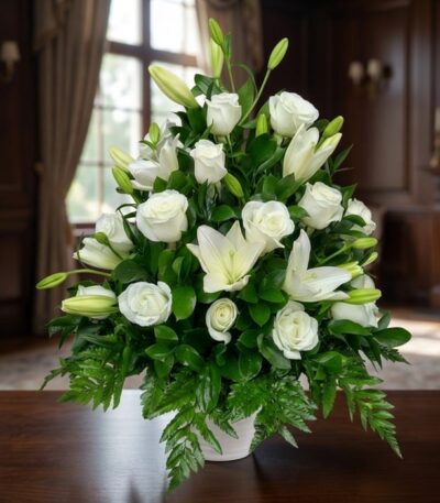 Arreglo fúnebre Piedad con rosas y lirios blancos, hojas verdes, en sala de velación premium con luz natural y bokeh.