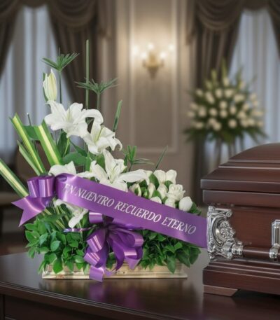 Arreglo fúnebre Pureza con lirios blancos y follaje verde, cinta morada con mensaje de condolencia, junto a un ataúd en sala