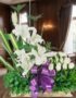 Arreglo fúnebre Pureza con lirios y rosas blancas, lazo morado, en sala de velación premium con luz natural y bokeh.