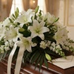 Arreglo fúnebre de rosas blancas y lirios con rocío sutil, cinta satinada y borde de sobre de condolencias. Texturas hiperrea