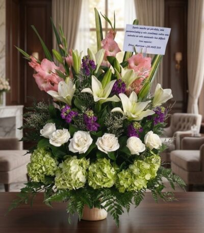 Arreglo fúnebre Te Fuiste con lirios blancos, gladiolos rosas, rosas blancas y hortensias verdes, en sala de velación premium