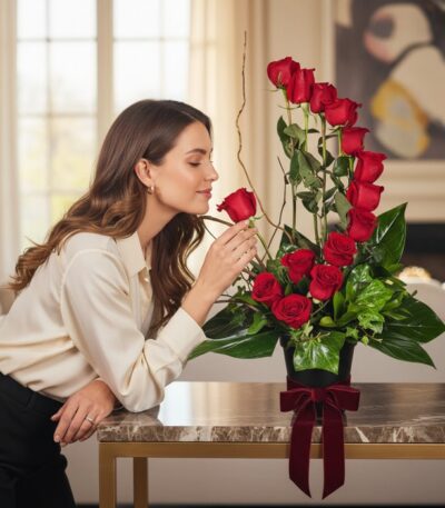 Mujer elegante oliendo delicadamente una rosa roja de un arreglo floral GIANNA con 13 rosas, en un lujoso interior de hogar.