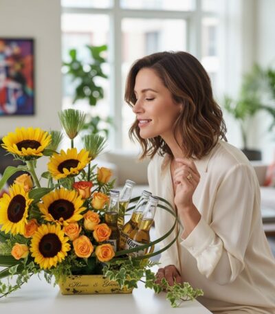 Mujer elegante admirando un arreglo floral con girasoles, rosas naranjas y cervezas Corona en un hogar de lujo. Ideal para re