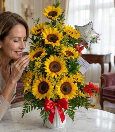 Mujer de mediana edad, elegante y sonriente, admira de cerca un gran arreglo floral de girasoles amarillos con un moño rojo y