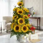 Arreglo floral "Arreglo con Girasoles Halo" sobre una mesa de mármol, con girasoles vibrantes, follaje verde, un globo de "Fe
