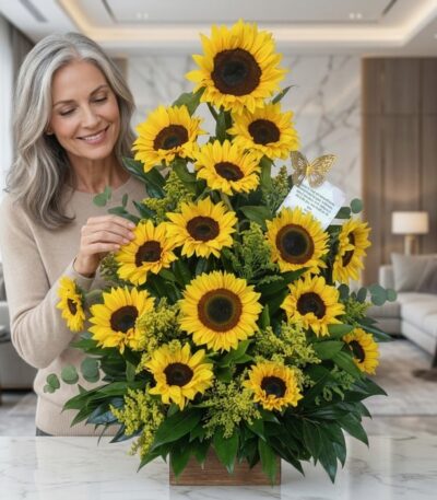 Mujer de mediana edad, elegante y de cabello gris, sonriendo y admirando un gran arreglo floral de girasoles radiantes en un