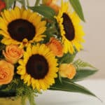 Primer plano extremo de un arreglo floral Giacomo con girasoles vibrantes, rosas naranjas frescas y gotas de rocío sutiles, d
