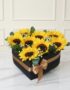 Arreglo floral con girasoles frescos y vibrantes en una elegante caja negra en forma de corazón, decorada con un lazo dorado,