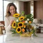 Mujer sonriente y elegante admirando de cerca el Arreglo con Girasoles Temis, que incluye girasoles, rosas y cervezas, en un
