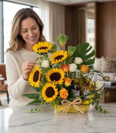 Mujer sonriente y elegante admirando de cerca el Arreglo con Girasoles Temis, que incluye girasoles, rosas y cervezas, en un