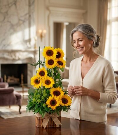 Mujer elegante de mediana edad sonriendo y admirando un arreglo floral de girasoles en un lujoso salón con luz natural.
