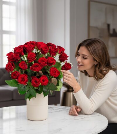 Mujer elegante admirando con deleite un Arreglo Jianna de 25 rosas rojas en un jarrón beige sobre una mesa de mármol, en un h