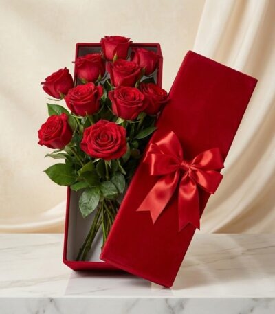 Caja premium de terciopelo rojo con 12 rosas rojas de exportación, frescas y con gotas de rocío, sobre una mesa de mármol bla