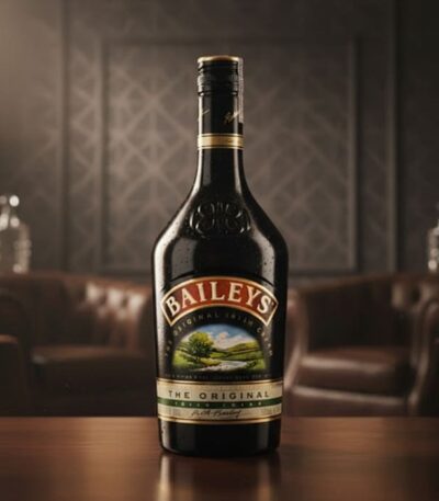 Botella de Baileys Original de 375ml con gotas de condensación, sobre una mesa de madera pulida, con un fondo elegante de cue