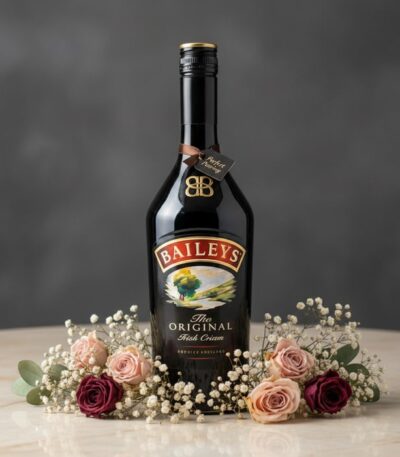 Botella de Baileys The Original Irish Cream de 700ml, rodeada por un delicado arreglo floral de rosas rosadas y burdeos, y fl