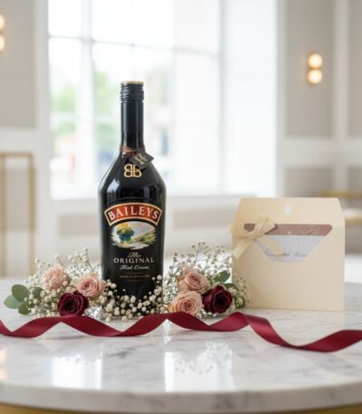 Botella de Baileys de 700ml rodeada de rosas y paniculata, con una tarjeta de regalo elegante y cinta de satén sobre una mesa