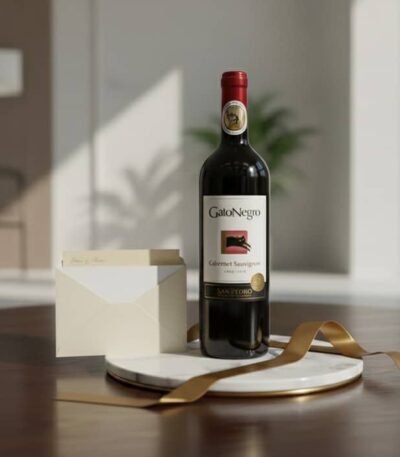 Botella de vino tinto Gato Negro Cabernet Sauvignon sobre una base de mármol, acompañada de una tarjeta de regalo elegante y