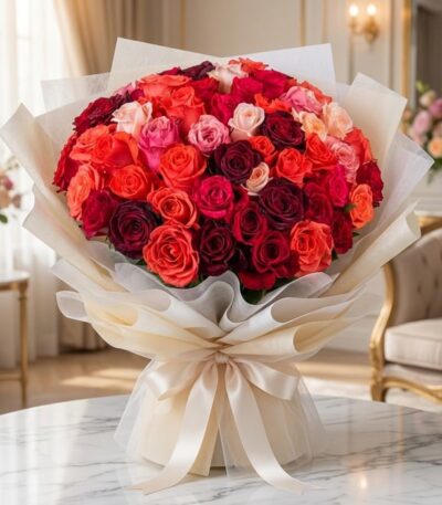Impresionante bouquet de 72 rosas FILIPPA en tonos rojos, naranjas y rosas, con empaque coreano elegante, sobre mesa de mármo