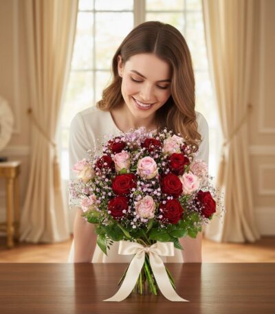 Mujer joven sonriendo y admirando un hermoso bouquet ELETRA de 20 rosas rojas y rosadas, atado con un lazo crema, sobre una m