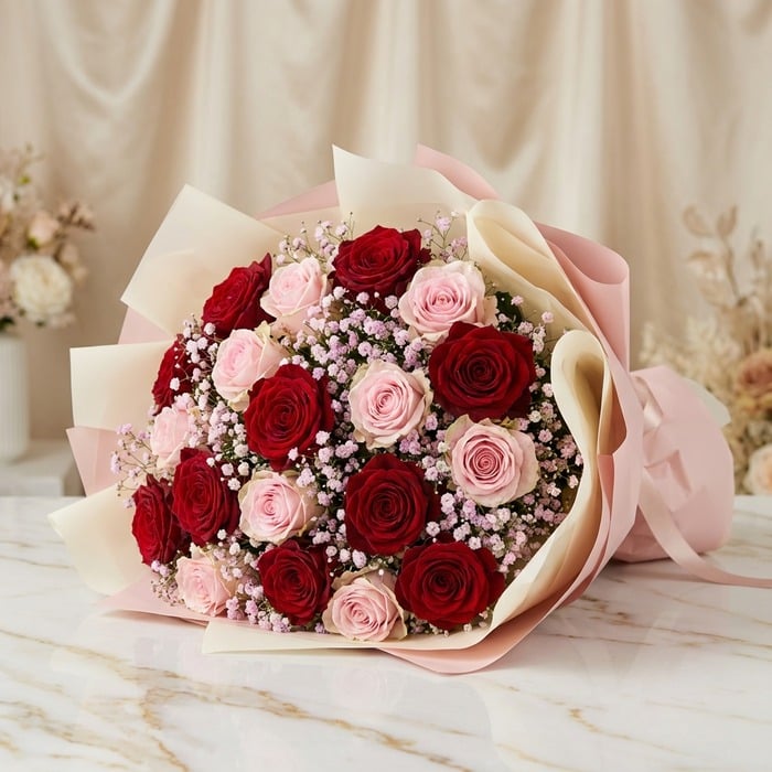 Bouquet ELETRA con 20 rosas rojas y rosadas, envuelto en papel coreano, sobre una superficie de mármol, ideal para regalar am
