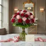 Bouquet ELETRA con 20 rosas rojas y rosadas, envuelto en cinta de satén rosa y tarjeta de regalo, sobre mármol en un lobby el
