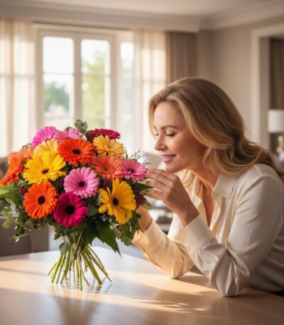 Mujer rubia sonriente admira un Bouquet Floral Adela de gerberas multicolor vibrantes en un hogar de lujo con luz natural.