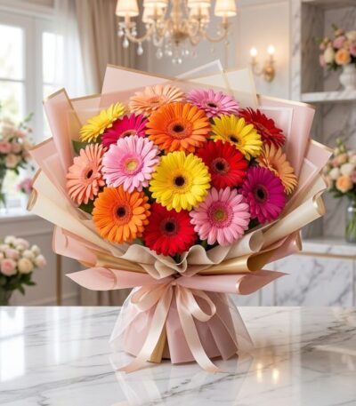 Bouquet Floral Adela, un ramo grande y vibrante de gerberas en tonos rojos, naranjas, amarillos y rosas, con empaque coreano