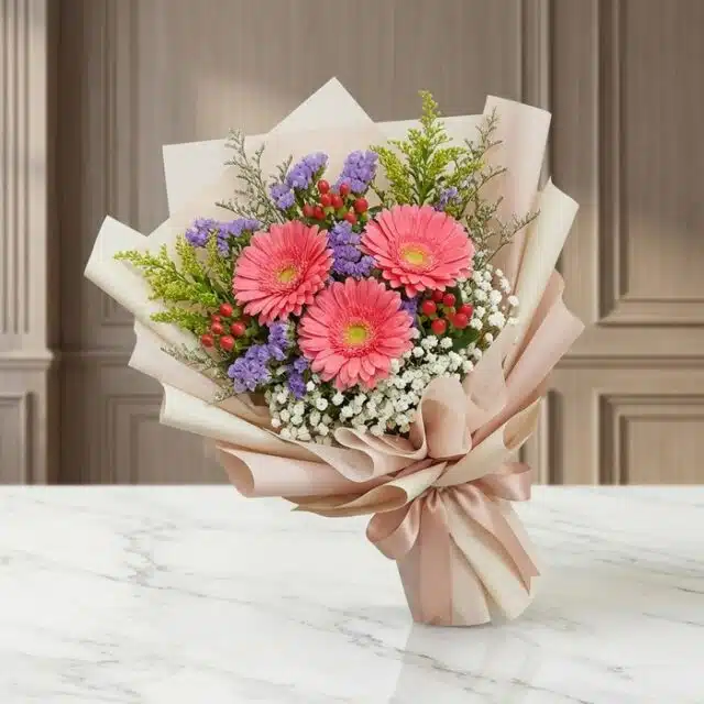 Bouquet Floral LIA con gerberas amarillas vibrantes, envuelto en papel coreano elegante, sobre una superficie de mármol pulid