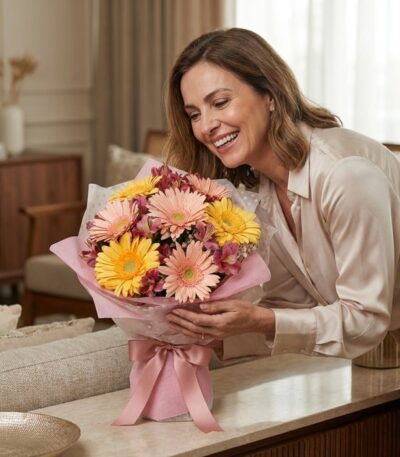 Mujer sonriente admirando un hermoso bouquet de gerberas multicolor (rosas, amarillas y alstroemerias) envuelto en papel rosa
