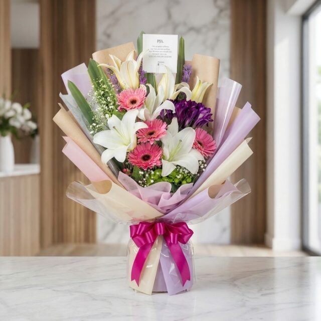 Bouquet de Flores GIA con gerberas rosadas, lirios blancos y flores moradas, envuelto en papel coreano elegante y lazo fucsia