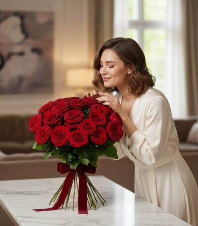 Mujer elegante admirando un Bouquet Giordana de 24 rosas rojas frescas con moño, en un hogar de alto diseño con luz natural.