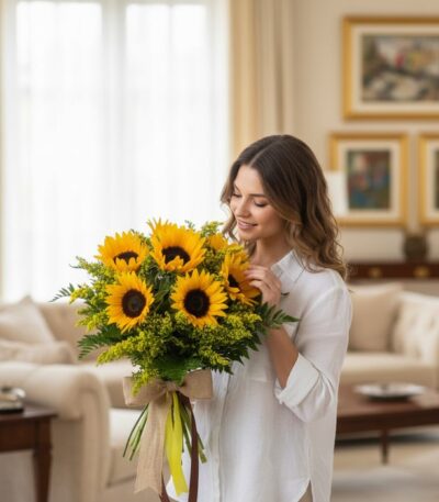 Mujer joven y elegante con camisa blanca admira un gran bouquet de girasoles frescos y radiantes, atado con un lazo de yute,