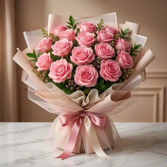 Bouquet Lionetta con 18 rosas rosadas frescas y abiertas, envuelto en papel coreano rosa y beige, sobre una mesa de mármol bl