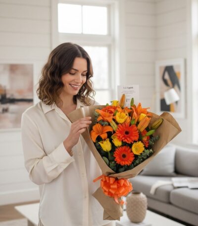 Mujer joven sonriente admirando un Bouquet Floral LIRICA con lirios naranjas y rosas amarillas, envuelto en papel kraft con m