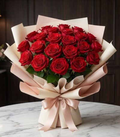 Bouquet MATILDE con 18 rosas rojas vibrantes, empaque coreano elegante en tonos crema y rosa, lazo de satén, sobre mesa de má