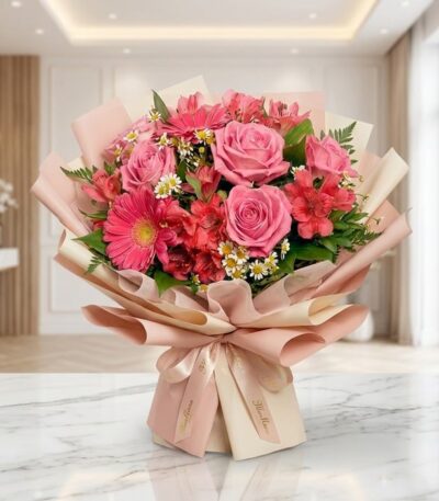 Bouquet ORLENA con rosas rosadas, gerberas fucsia y alstroemerias rojas, envuelto en papel coreano rosa claro sobre mármol bl