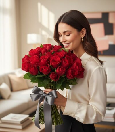 Mujer elegante sonriendo y oliendo un gran ramo de 72 rosas rojas atadas con un lazo gris, en un salón de lujo.
