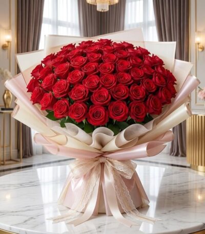 Imponente Bouquet PAOLA con 72 rosas rojas frescas y abiertas, envuelto en elegante empaque coreano, sobre mesa de mármol en