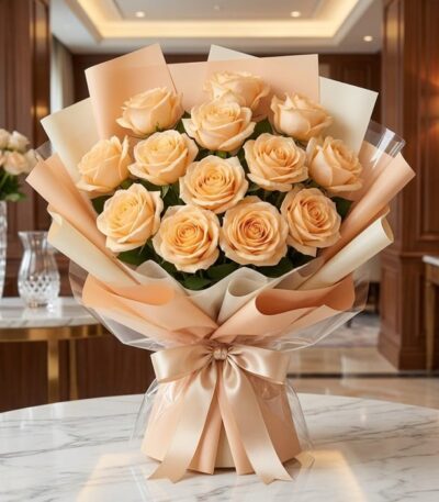 Bouquet de 12 rosas Celestina color melocotón en empaque coreano, sobre mesa de mármol en un ambiente elegante de floristería