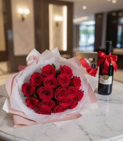 Elegante bouquet de 18 rosas rojas abiertas con empaque coreano, caja de chocolates y botella de vino tinto, sobre mesa de má