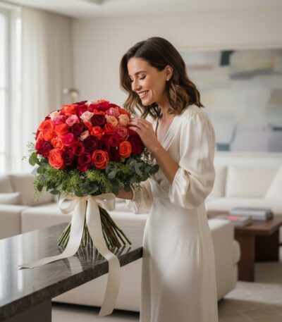Mujer elegante sonriendo y admirando un gran bouquet de 72 rosas FILIPPA en tonos rojos y naranjas, en un lujoso salón.
