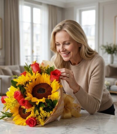 Mujer rubia de mediana edad sonriendo y admirando un hermoso bouquet de rosas rojas y girasoles en un hogar de lujo con luz n