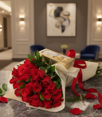 Elegante bouquet de rosas rojas frescas con bombones Ferrero Rocher sobre mesa de mármol en un lujoso recibidor.