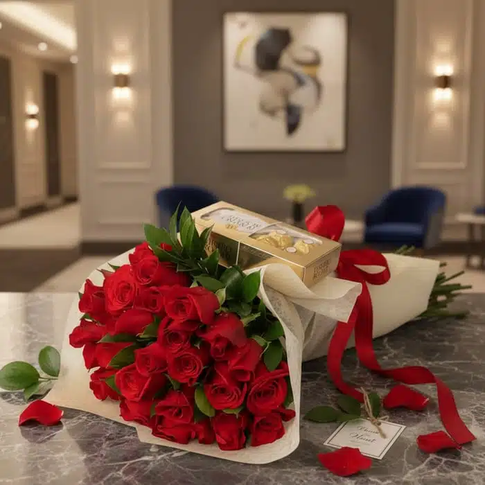 Bouquet de Rosas Rojas con Ferrero Rocher para Regalo Especial Elegante bouquet de rosas rojas frescas con bombones Ferrero Rocher sobre mesa de mármol en un lujoso recibidor.