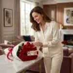 Mujer elegante sonriendo y admirando un hermoso bouquet de rosas rojas con chocolates Ferrero Rocher en un lujoso salón.