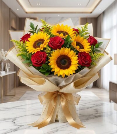 Impresionante bouquet de rosas rojas y girasoles vibrantes en un elegante empaque coreano, sobre una superficie de mármol bla