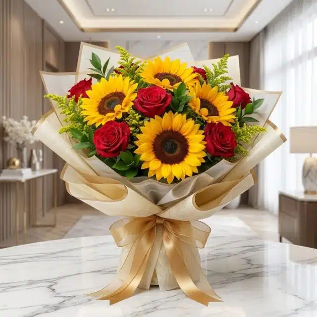 Impresionante bouquet de rosas rojas y girasoles vibrantes en un elegante empaque coreano, sobre una superficie de mármol bla