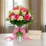 Bouquet de rosas rosadas y blancas LARAINA en jarrón de cristal con cinta rosa y tarjeta de felicitación sobre mármol.